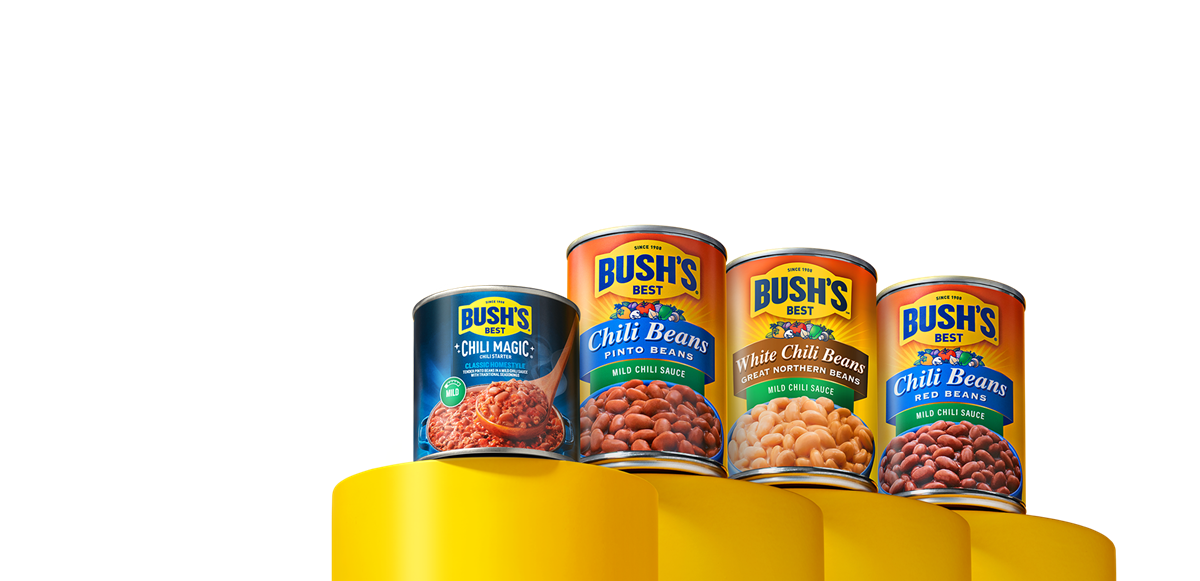 Chili magic and assorted chili cans on pedestals